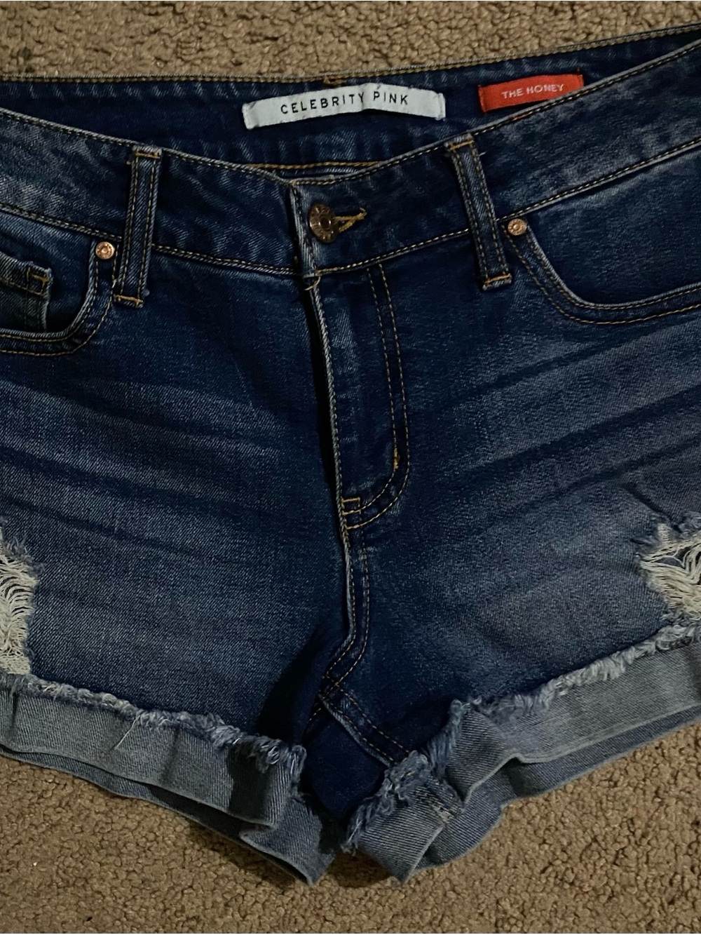 Celebrity Pink Dark Blue Distressed Roll-Hem Denim Shorts